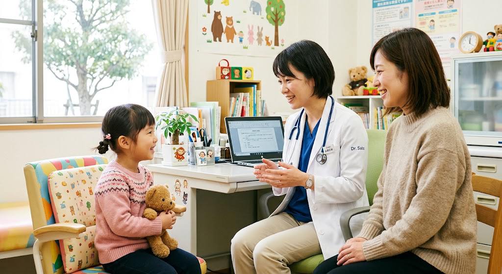 小児科の診察室で、女性医師が子どもと保護者に笑顔で説明している様子